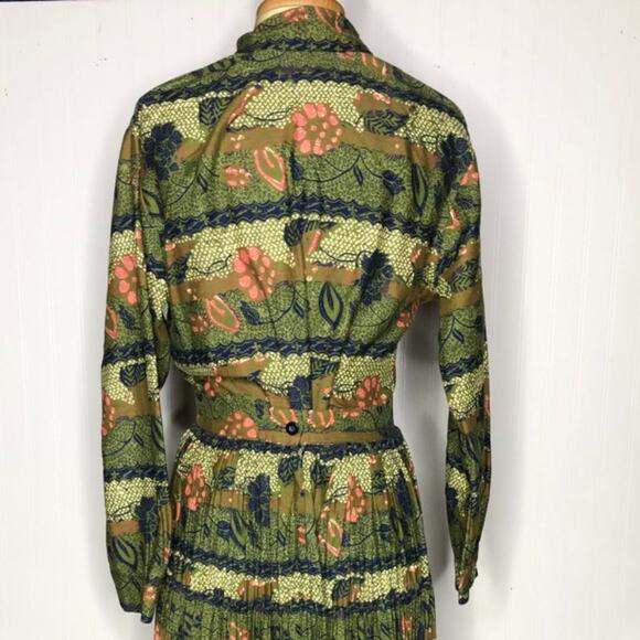 Vintage 50s/60s Pleated Skirt Set Green Navy Floral Women's Medium - Picture 3 of 4